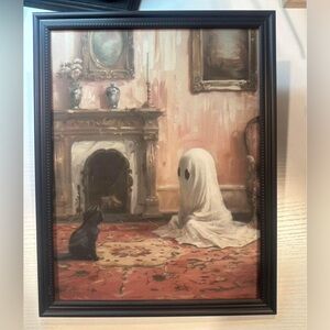Ghost and cat framed 8x10” print of vintage oil painting in black and grey